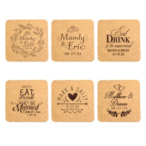 May include: Six cork coasters with personalized wedding messages. The coasters feature various designs including hearts, rings, arrows, and floral wreaths. The text on the coasters includes the names of the couples, the date of the wedding, and wedding-related phrases like "Eat, drink, and be married".