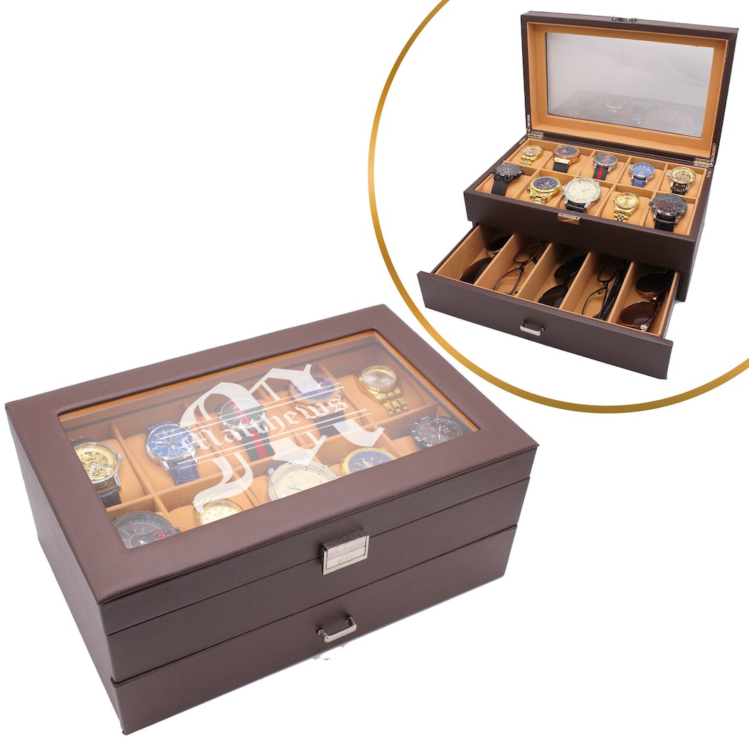 Personalized Watch and Sunglasses Box With Drawer, Engraved Sunglasses