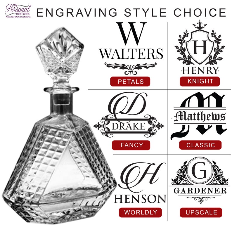 May include: A clear glass decanter with a faceted geometric body and a matching diamond-shaped stopper. To the right, a chart titled ENGRAVING STYLE CHOICE displays six options: PETALS, KNIGHT, FANCY, CLASSIC, WORLDLY, and UPSCALE with examples.