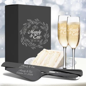 Personalized Wedding Cake Cutting Set: Wedding Cake Cutter Champagne Set with Custom Engraved Gift Box image 1