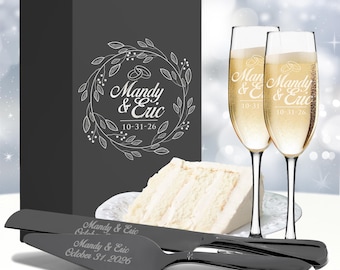 Personalized Wedding Cake Cutting Set: Wedding Cake Cutter Champagne Set with Custom Engraved Gift Box