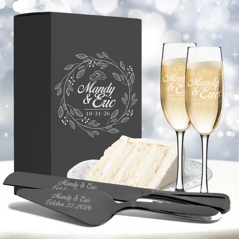 Personalized Wedding Cake Cutting Set: Wedding Cake Cutter Champagne Set with Custom Engraved Gift Box image 1