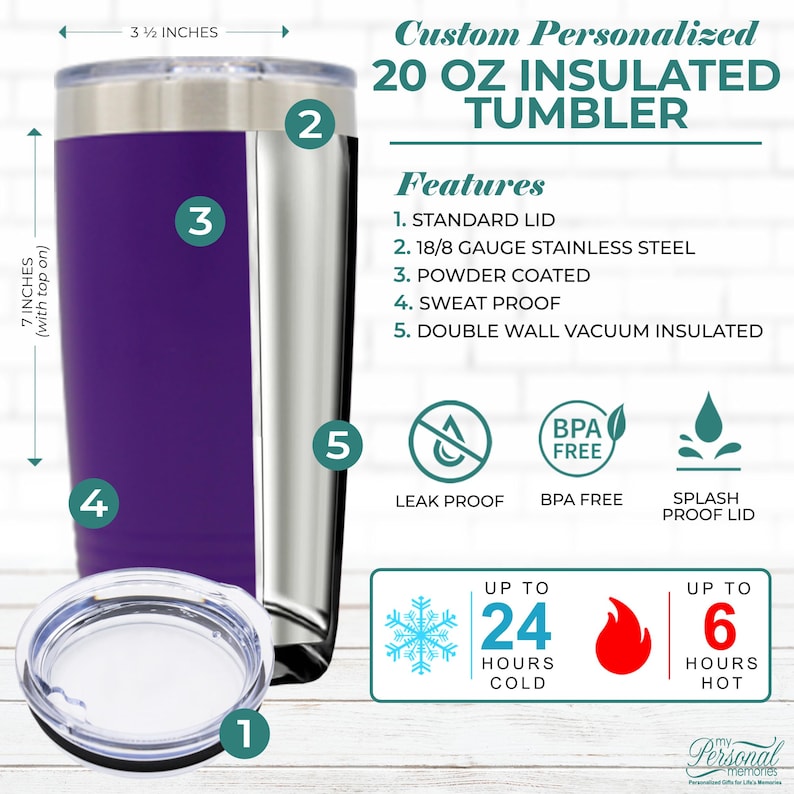 May include: A 20 ounce insulated tumbler with a purple powder coated exterior and a stainless steel lid. The tumbler is leak proof, BPA free, and has a splash proof lid. It can keep drinks cold for up to 24 hours and hot for up to 6 hours.