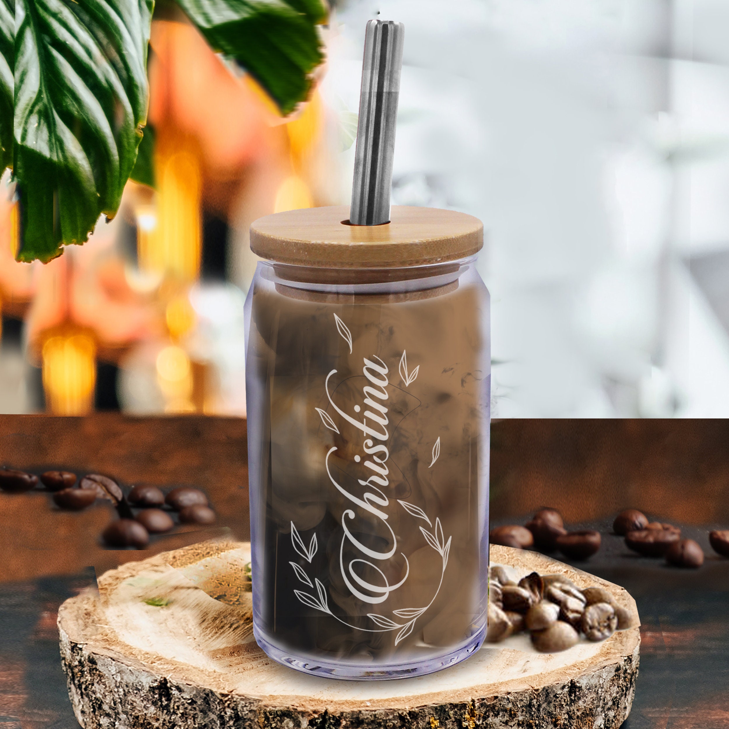 1pc,mason Jar Cups With Lids And Straws, 20oz Glass Cups With Bamboo Lids,  Iced Coffee Tumbler With Straw, Cute Cups, Summer Drinkware, Home Kitchen