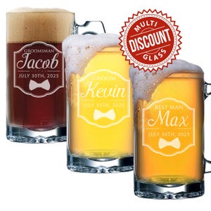 May include: Three personalized beer mugs with handles. The mugs are filled with beer and have white text that reads "Groom Kevin July 30th, 2025", "Best Man Max July 30th, 2025", and "Groomsman Jacob July 30th, 2025". Each mug has a bowtie graphic.
