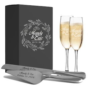 Juego de servidor de pastel personalizado y grabado - Regalo de bodas - Juego para servir y cortar pastel de bodas grabado, personalizado y con monograma imagen 4