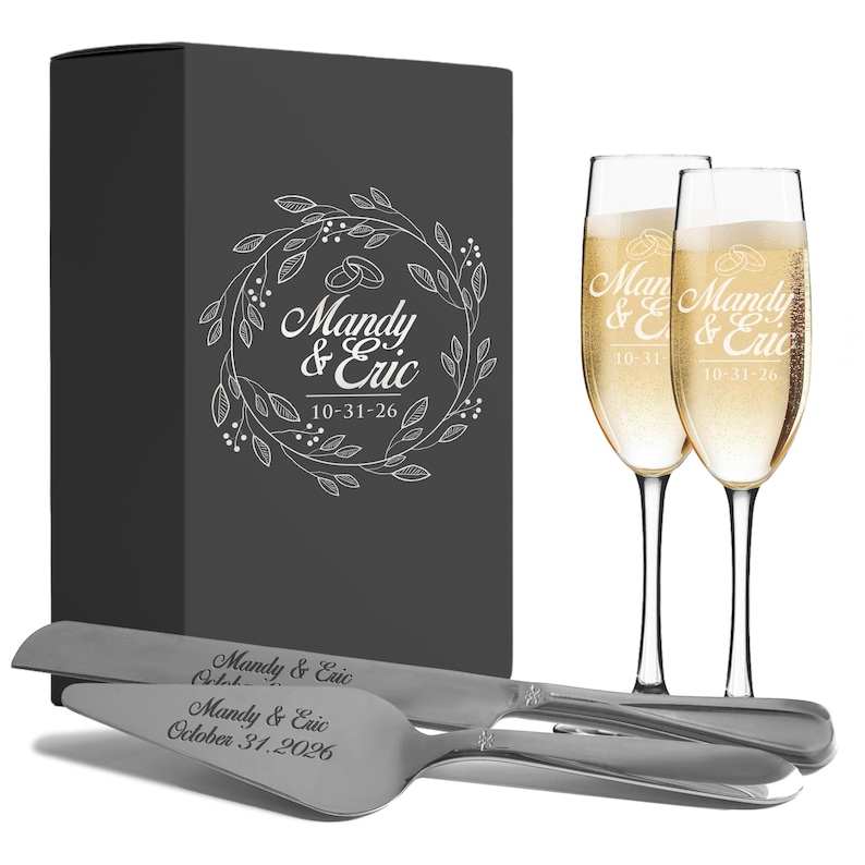 Juego de servidor de pastel personalizado y grabado - Regalo de bodas - Juego para servir y cortar pastel de bodas grabado, personalizado y con monograma imagen 4
