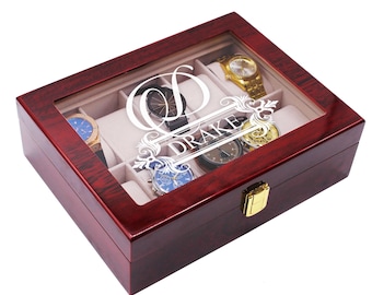 Personalized Wood Watch Box, Custom Wooden Watch Display Stand, Engraved Watch Box with Glass Lid, Customized Watch Display Case