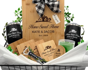 Personalized New Home Gift Basket with Cutting Board, Coasters & Tumblers – Realtor Closing Gift, Custom Housewarming Gift - Heritage Style