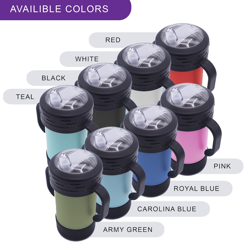May include: Available colours for a set of insulated stainless steel cups with a straw lid and two handles. The colours are teal, black, white, red, army green, carolina blue, royal blue, and pink.