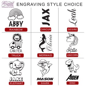 Pode incluir: Um gr&aacute;fico com nove estilos de grava&ccedil;&atilde;o diferentes para presentes personalizados. Os estilos incluem um arco-&iacute;ris, um caminh&atilde;o, um elefante, uma sereia, um unic&oacute;rnio, um tubar&atilde;o, um dinossauro, Canc&uacute;n e Desire.
