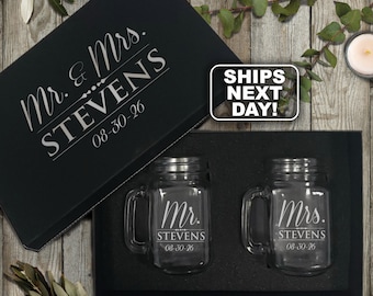 Mr and Mrs Mason Jar Glasses, Personalized Mason Jars Mr and Mrs Gifts  Etched Mason Jar Gifts for Couples Engraved Toasting Flutes Set of 2