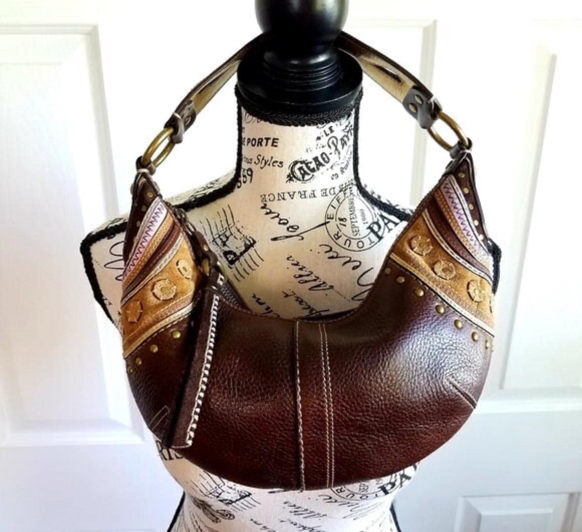 Coach Hobo Nubuck Brown Studded Distressed Leather Large