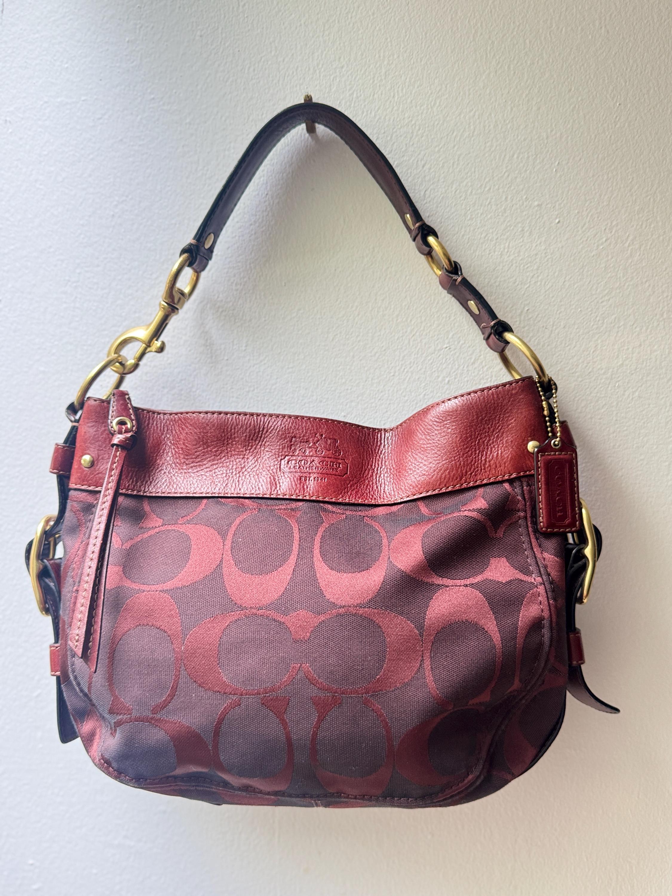 Coach Zoe Burgundy Canvas Leather Trim Zipper Closure Hobo