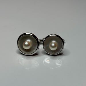 Vintage Runde Perle & Perlmut Inlay Sterling 925 Silber-Manschettenknöpfe