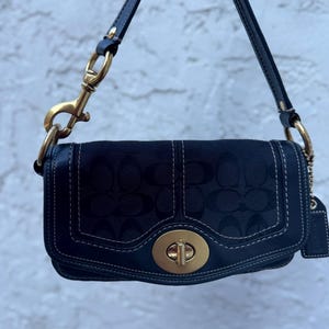 Rare Coach Legacy Black Leather Stripe Interior  Turnlock Shoulder Handbag Mini Purse Anniversary 10335 Signature C