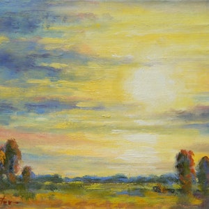Landscape painting, sunset, clouds, country, sundown, oil painting, impressionist, Free Shipping, original art by DJ Lanzendorfer