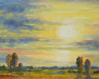 Landscape painting, sunset, clouds, country, sundown, oil painting, impressionist, Free Shipping, original art by DJ Lanzendorfer