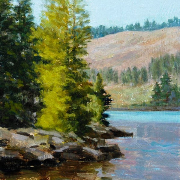 Landscape oil painting, original, impressionist, lake, water, trees, rocks, Salmon Lake, FREE SHIPPING, original art by DJ Lanzendorfer