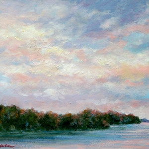 Lake, trees, sunset, clouds, sundown, landscape, oil painting, impressionist, FREE SHIPPING, original art by DJ Lanzendorfer