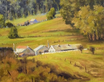 Landscape, original oil painting, farm, fall, impressionist, green grass, eucalyptus trees, rural, FREE SHIPPING, art by DJ Lanzendorfer