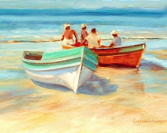 Seascape, oil painting, figurative,  impressionist, boats, beach, sea, ocean, Free Shipping, original by DJ Lanzendorfer