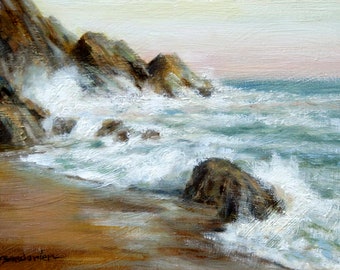 Seascape, oil painting, impressionist, ocean, marine, shoreline, landscape, rocks, Free Shipping, original art by DJ Lanzendorfer