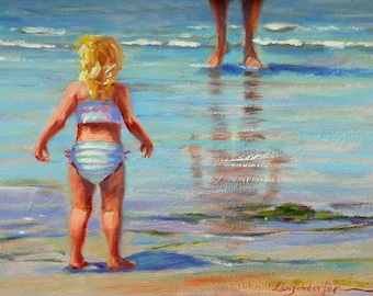 Original Impressionist Oil Painting, Beach Scene, Child and Father