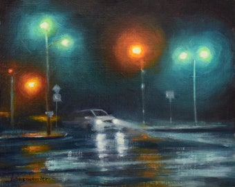 Nocturne Oil Painting, Foggy City Intersection, Original Art by DJ Lanzendorfer