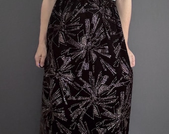 I sogni d'oro sono fatti di questo… Gonna midi vintage anni '80 '90 in velluto nero con glitter metallizzati, stampa astratta, vita elasticizzata, ideale per feste e vacanze, taglie S e M