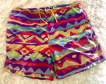 Summertime… Vintage 90s Neon Swim Trunks XL | Geometric Surf Board Shorts | Mens Retro Beachwear