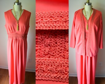 Do-right-all-day Woman ... 1960s 70s vintage punchy pink braided embroidery maxi gown dress with jacket matching set handmade L XL