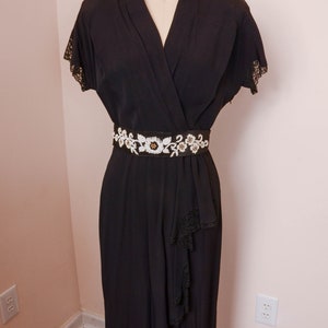 Gorgeous 1940s 50s Side Zip Black Rayon Dress Pleating, Flutter Sleeve, and Beaded Belt image 2