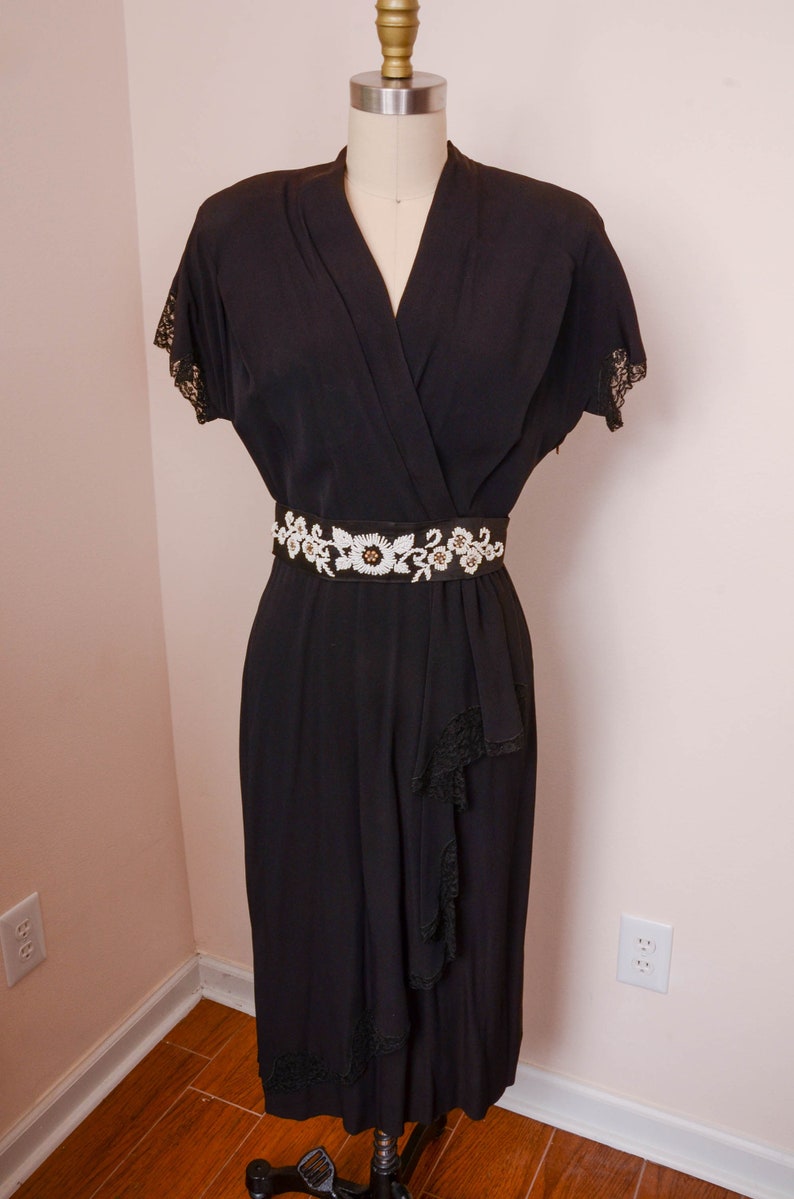 Gorgeous 1940s 50s Side Zip Black Rayon Dress Pleating, Flutter Sleeve, and Beaded Belt image 2