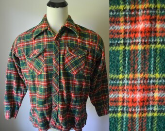 Hard Candy Christmas... 1980s vintage green red flannel snap button fleecy men's shirt L 16 16 1/2