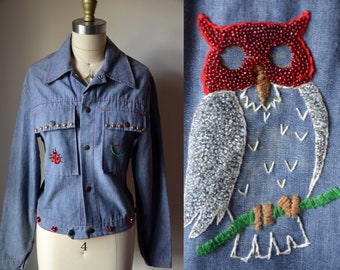 Night Owl Blues ... Vintage 1960s 70s hand embroidered and beaded Blue Denim Jacket with large owl ladybugs and flowers small