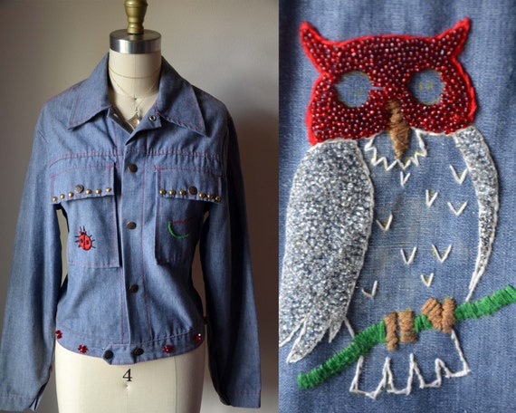 Night Owl Blues ... Vintage 1960s 70s hand embroi… - image 1