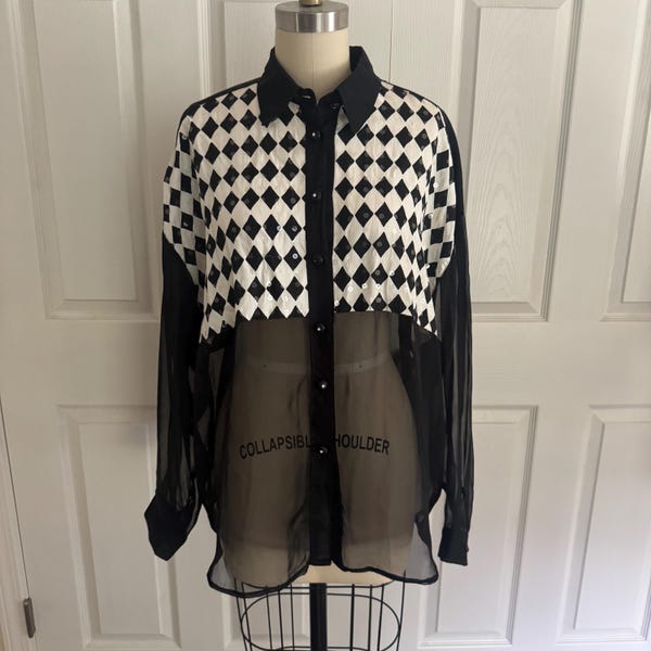 One Step Beyond … Vintage 1980s Sheer Black Chiffon Sequin Argyle Blouse | Statement Evening Top | Art Fashion | rampage  Size M–L