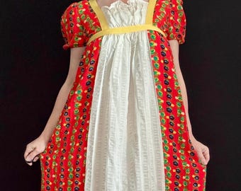 Baby, it’s a wild world… 70s Prairie Maxi Dress – Red Calico Floral Empire Waist Cottagecore Folk  XS