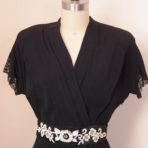 Gorgeous 1940s 50s Side Zip Black Rayon Dress Pleating, Flutter Sleeve, and Beaded Belt image 3