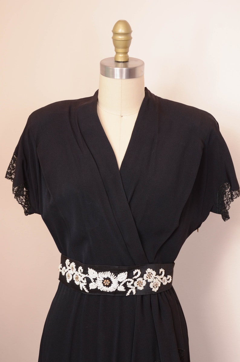 Gorgeous 1940s 50s Side Zip Black Rayon Dress Pleating, Flutter Sleeve, and Beaded Belt image 3