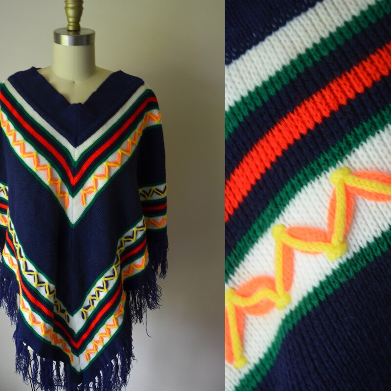 Boho Fringe Chevron Striped Pattern Pullover Poncho Sweater