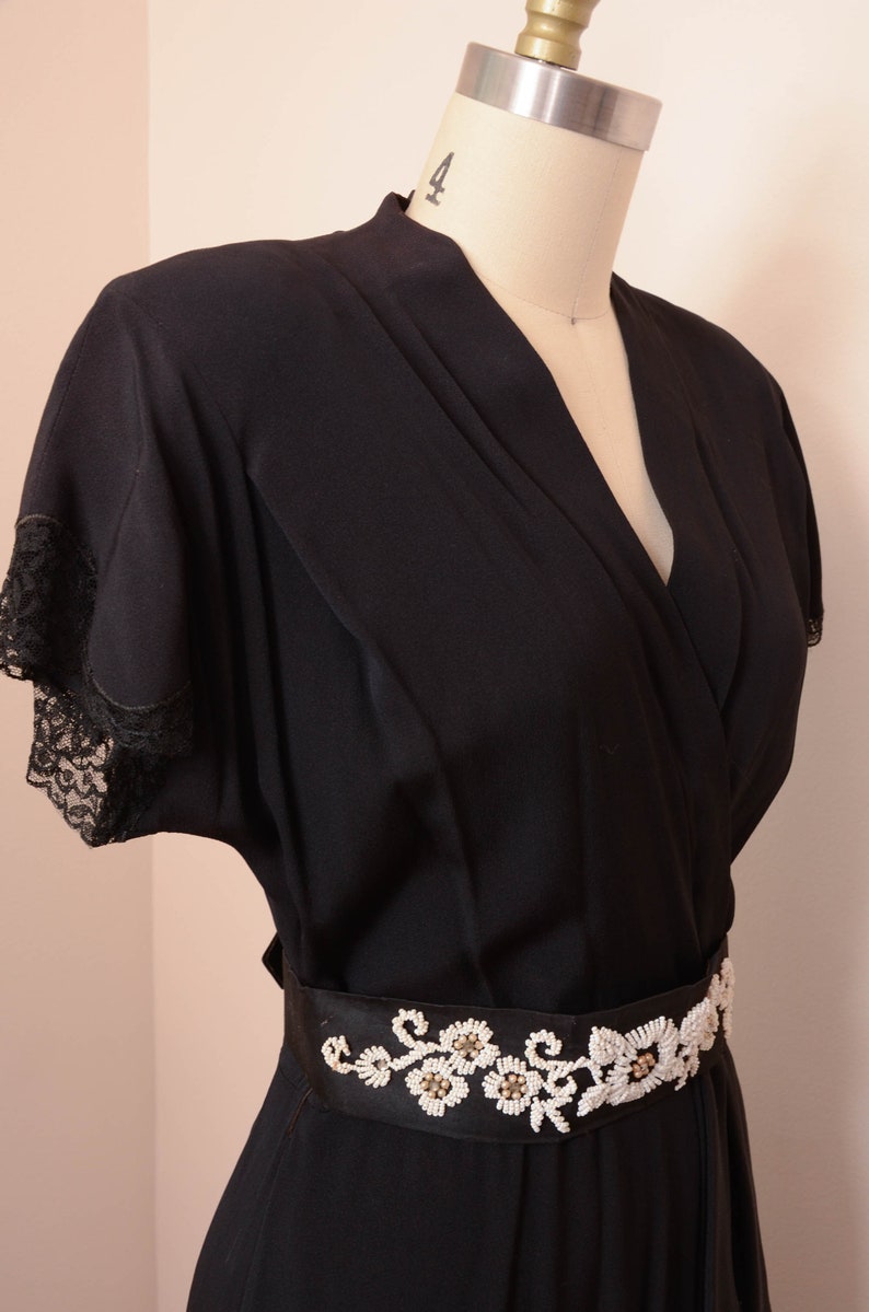 Gorgeous 1940s 50s Side Zip Black Rayon Dress Pleating, Flutter Sleeve, and Beaded Belt image 9