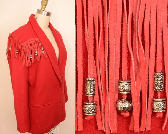 Vintage 1980s Wool Red Beaded Fringe Western Jacke