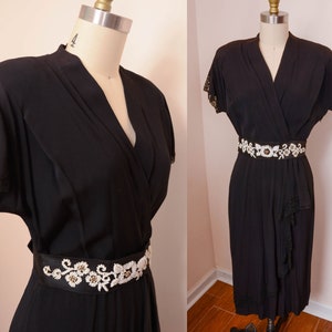 Gorgeous 1940s 50s Side Zip Black Rayon Dress Pleating, Flutter Sleeve, and Beaded Belt image 1