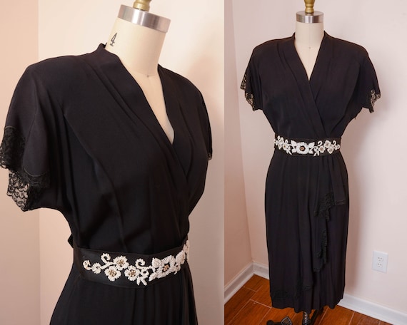 Gorgeous 1940s 50s Side Zip Black Rayon Dress - P… - image 1