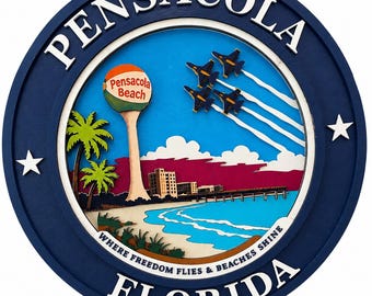 Trójwymiarowy, warstwowy, drewniany znak Pensacola, Floryda | Grafika ścienna Blue Angels | Dekoracja plażowa |
