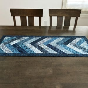 May include: A rectangular table runner featuring a chevron pattern composed of various shades of blue, including navy, royal, and light blue. The fabric displays a mix of solid colors and intricate patterns, all bordered by a dark blue fabric.
