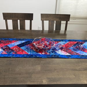 May include: A patriotic-themed table runner with a blue border and a patchwork design in red, white, and blue. A decorative bowl filled with red and white decorative items sits on top of the runner. The runner is on a wooden table.
