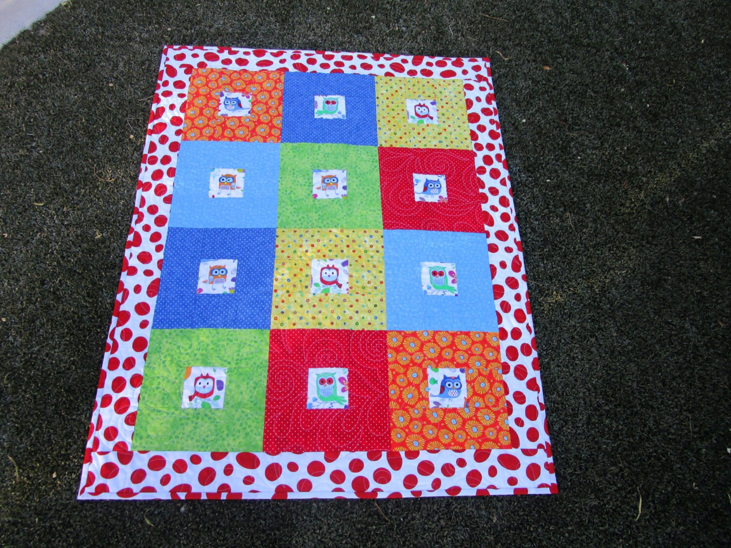 Baby Owl Quilt: Bright Patchwork Nursery Blanket